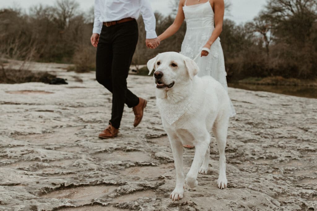 A couple walking their dog at McKinney Falls State Park in Austin Texas. 