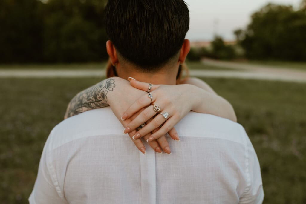 Close up details of ring hand after proposal at Brushy Creek Lake Park. 