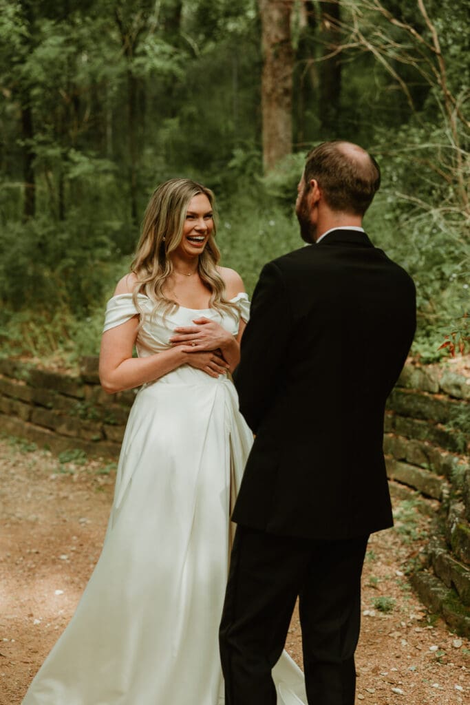Bride and groom during first look in Austin TX