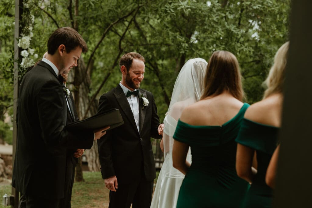 Spring wedding ceremony at Umlauf Sculpture Garden in Austin