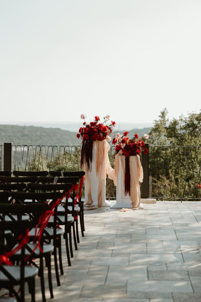 The hilltop courtyard at Villa Antonia overlooking the scenic landscape.

